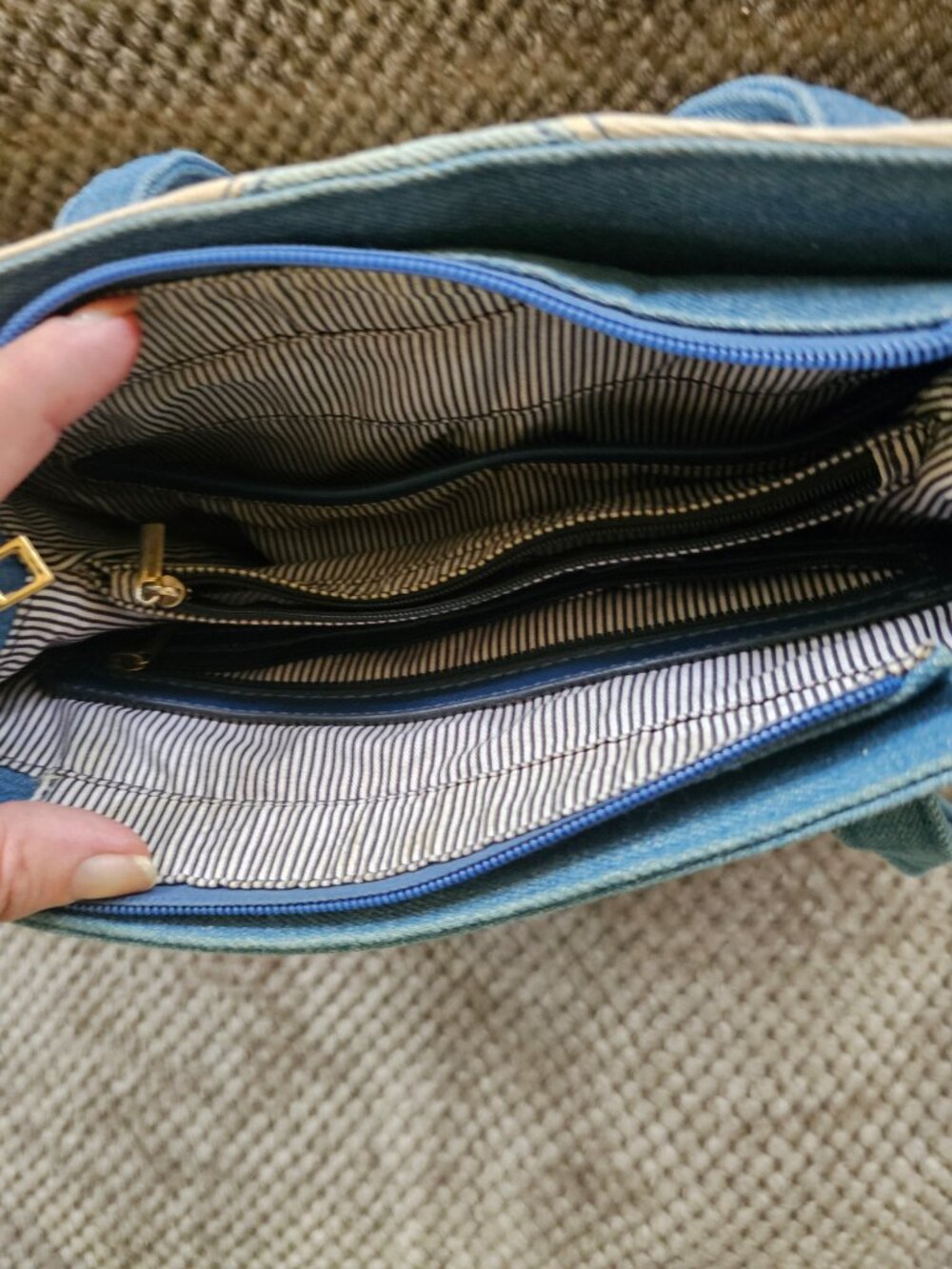 Y2K Denim Patchwork Chevron Tote Shoulder Bag Blue Boho Tassel Multi Pocket EUC - Picture 5 of 5